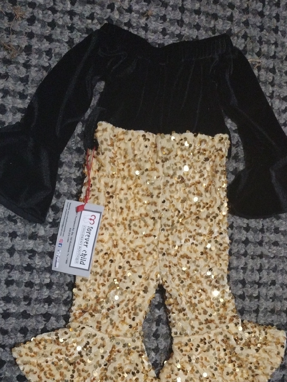 Black Velvet Off-Shoulder Top with Gold Fur Sequin Bell Pants - Kids